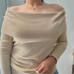 Thalia Sodi Gold Metallic Off-Shoulder Beige Sweater Studded Cutout Sleeves L